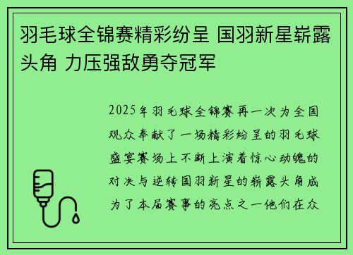 羽毛球全锦赛精彩纷呈 国羽新星崭露头角 力压强敌勇夺冠军